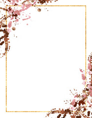 Watercolor hand drawn pink and brown splashes with golden rectangle on white frame design