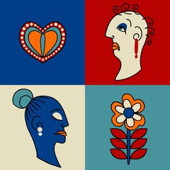 Retro poster with quirky female faces. Vector illustration.