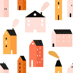 Vector hand-drawn colored seamless repeating childish simple pattern with cute houses in Scandinavian style on a white background. Childish seamless pattern with houses. City. Houses. Architecture.