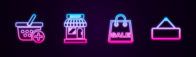 Set line Add to Shopping basket, Market store, bag with Sale and Signboard hanging. Glowing neon icon. Vector