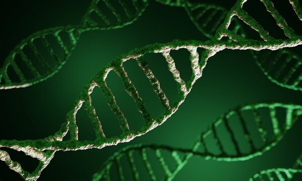 Green Dna. Biological Green background, DNA structure, DNA molecule on a green background. 3d render, 3d illustration.