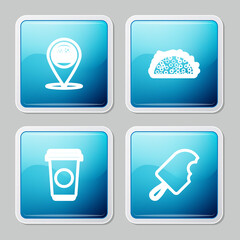 Set line Location with burger, Taco tortilla, Coffee cup and Ice cream icon. Vector
