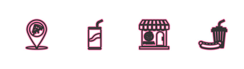 Set line Location with slice pizza, Pizzeria building facade, Soda can drinking straw and and hotdog icon. Vector