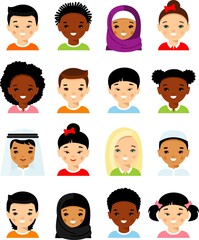 Set of different avatar arab, african american, european, asian children faces in colorful flat style.Collection of various avatars of international kids. Vector illustration of cartoon people face. 

