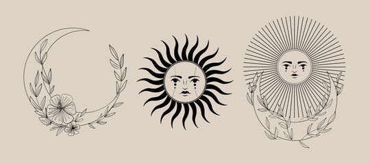 Vector illustration set of moon phases. Different stages of moonlight activity in vintage engraving style. branches of plants and flowers. sacred isoteric geometry