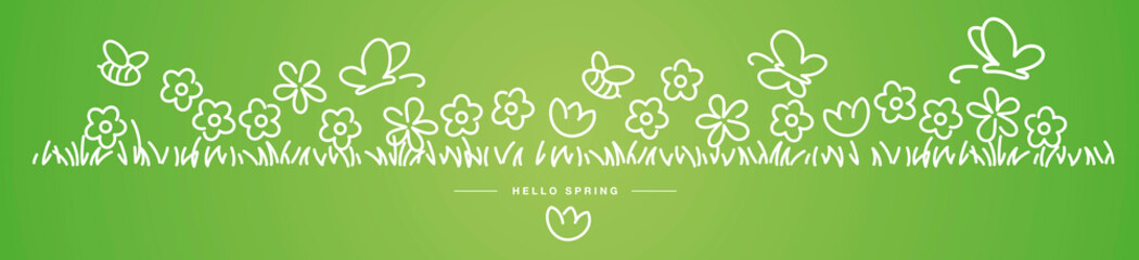 Hello Spring background, banner, pattern handwritten design with bees, butterflies and colorful spring flowers in grass green isolated © simbos