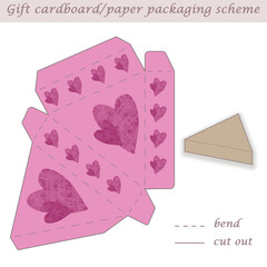 Triangle shaped printable packaging and wrapping scheme box for gifts, presents and events, convertible to different sizes, 3D, laser cut, craft art