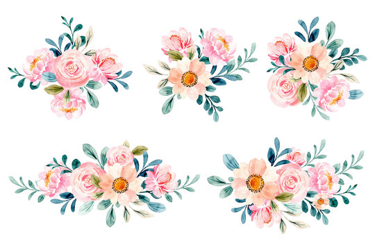 Soft pink floral bouquet collection with watercolor