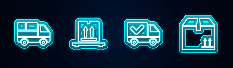 Set line Delivery truck with boxes, Cardboard on pallet, check mark and traffic. Glowing neon icon. Vector