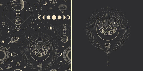 Obraz na płótnie Canvas Vector illustration set of moon phases. Different stages of moonlight activity in vintage engraving style. branches of plants and flowers. sacred isoteric geometry
