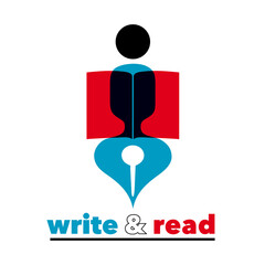 Logo bleu, blanc, rouge et noir pour une librairie, un éditeur ou un atelier d’écriture - une composition simple et graphique composé d’un livre, d’une plume et d’un personnage. - obrazy, fototapety, plakaty