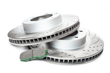 Perforated brake discs, ceramic pads - everything for better braking. on a white background