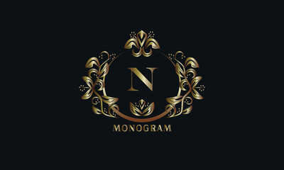 Exquisite bronze monogram on a dark background with the letter N. Stylish logo is identical for a restaurant, hotel, heraldry, jewelry, labels, invitations.