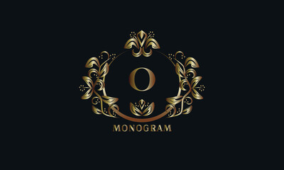Fototapeta premium Exquisite bronze monogram on a dark background with the letter O. Stylish logo is identical for a restaurant, hotel, heraldry, jewelry, labels, invitations.