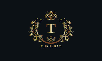 Exquisite bronze monogram on a dark background with the letter T. Stylish logo is identical for a restaurant, hotel, heraldry, jewelry, labels, invitations.