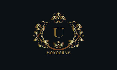 Exquisite bronze monogram on a dark background with the letter U. Stylish logo is identical for a restaurant, hotel, heraldry, jewelry, labels, invitations.