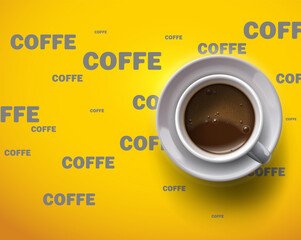 White cup of coffee on a yellow background. Poster, advertisement.Vector realistic template.Coffe shop logo template.