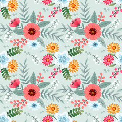 Abstract floral seamless pattern design for backdrop and wrapping paper. Colorful flowers, and leaves on a light green background.