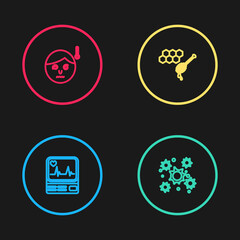 Set line Monitor with cardiogram, Bacteria, Honeycomb honey dipper and High human body temperature icon. Vector