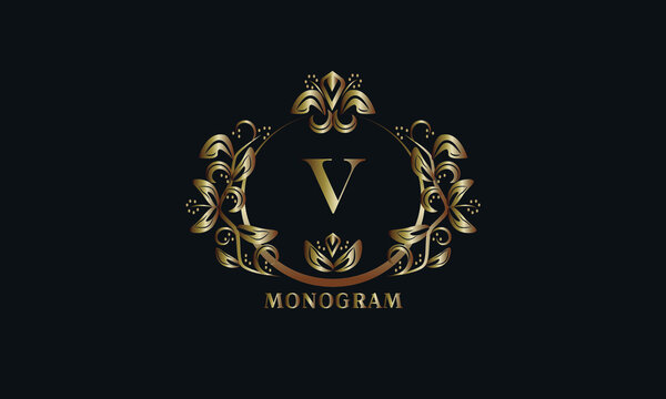 Exquisite bronze monogram on a dark background with the letter V. Stylish logo is identical for a restaurant, hotel, heraldry, jewelry, labels, invitations.