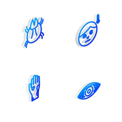Set Isometric line High human body temperature, Parasite mite, Hand with psoriasis or eczema and Reddish eye allergic conjunctivitis icon. Vector