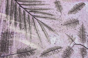 Background in pinks and geenish grey of tropical foliage embedded in grainy concrete to look like fossils for background