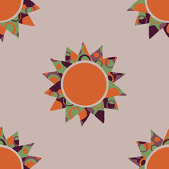 Seamless vector pattern with artistic sun on grey background. Decorative summer symbol wallpaper design. Hand drawn fashion textile.