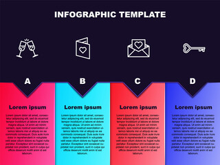 Set line Glass of champagne, Valentines day flyer with heart, Envelope and Key shape. Business infographic template. Vector