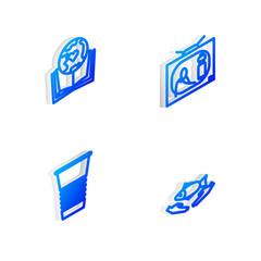 Set Isometric line Stop plastic pollution, Earth globe and book, Paper glass and Fish care icon. Vector