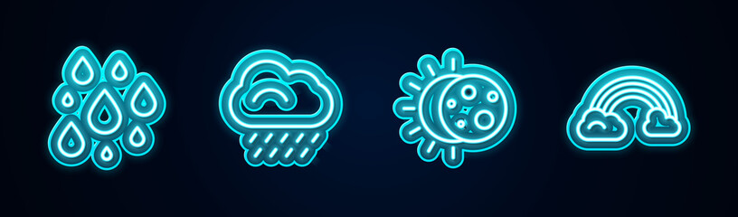 Set line Water drop, Cloud with rain, Eclipse of the sun and Rainbow clouds. Glowing neon icon. Vector