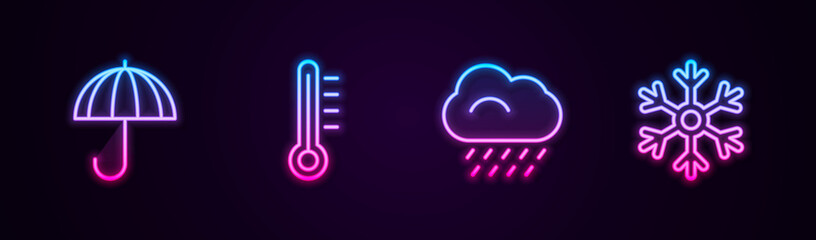 Set line Umbrella, Meteorology thermometer, Cloud with rain and Snowflake. Glowing neon icon. Vector