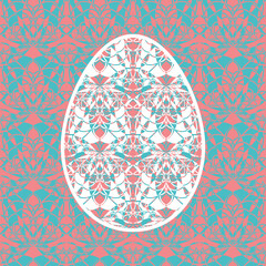 Beautiful vector Easter Egg pattern with white honey bees illustration on seamless blue and red decorative background. Ornamental greeting card with spring symbols.