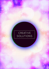 Liquid shapes cover with dynamic fluid. Neon bauhaus gradient with purple luminous background.