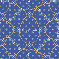 Vintage Happy Easter greeting background with blue eggs and colourful clovers for luck. Abstract seamless Vector geometric design foe wrapping paper and posters.