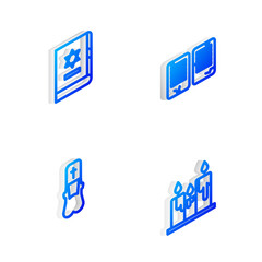Set Isometric line The commandments, Jewish torah book, Priest and Burning candles icon. Vector