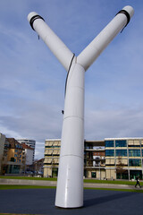 Hugh slingshot with sling at park, Zurich, Switzerland. Setting up a crane at construction site. Photo taken March 11th, 2021, Zurich, Switzerland.