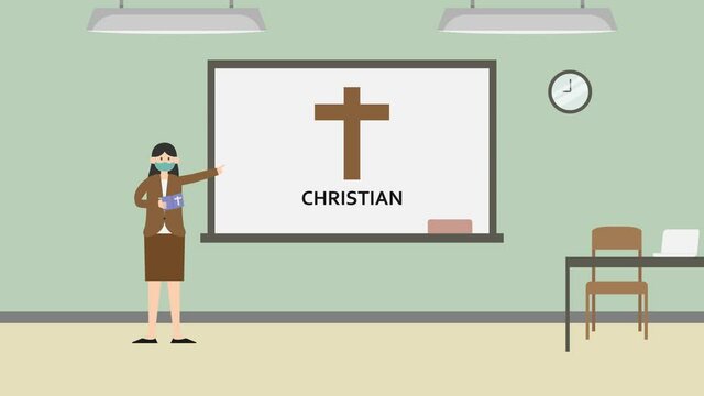 Teacher in face mask teaches about Christian lesson