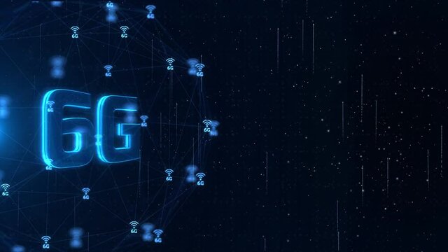 6G mobile communications artificial intelligence loop Background, iot and digital wireless network symbols on rotating digital globe 3d 4K animation. Future technology, business globalization.