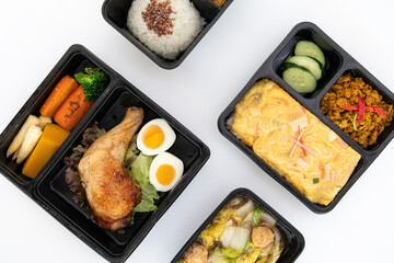 Four lunch box set. Thai food concept isolate in white background.