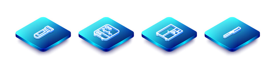 Set Isometric line Test tube with blood, Monitor cardiogram, Medicine cabinet and Medical saw icon. Vector