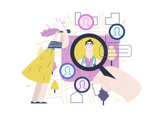 Find a doctor -medical insurance illustration -modern flat vector concept digital illustration - a hand with a magnifying glass, a woman with binocular, doctors portraits - a doctor searching metaphor