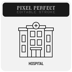 Hospital building thin line icon. Pixel perfect, editable stroke. Vector illustration.