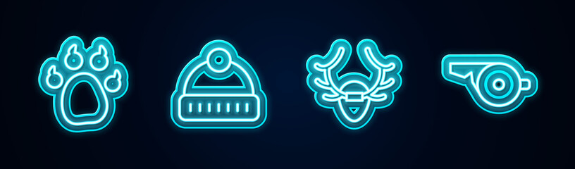 Set line Paw print, Winter hat, Deer antlers on shield and Whistle. Glowing neon icon. Vector