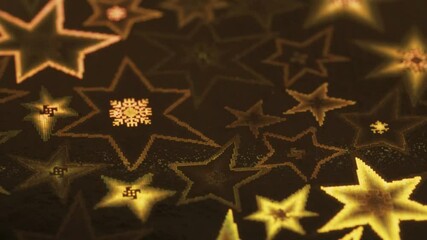 Macro slide shot, golden stars and snowflakes shimmer and blink - Powered by Adobe