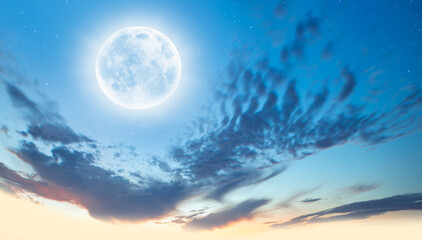 Fototapeta premium Night sky with moon in the clouds with falling star 