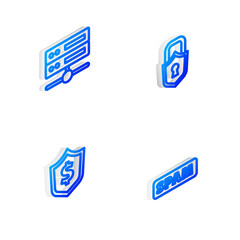 Set Isometric line Lock, Server, Data, Web Hosting, Shield with dollar and Spam icon. Vector