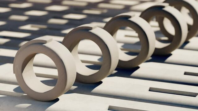 Abstract cement circles rotating on futuristic plain plane, ring shape looping on background. 3d render animation. Computer generated seamless motion design of simple geometric shape, repeating