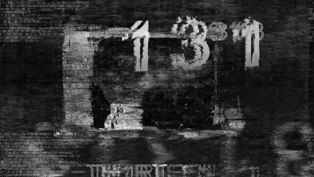 Text And Dirt Glitchy Overlay 4 - 13 - The multi-layered composition based on the number 13 includes: fragments of dirty digital textures, intermittent sequence code in three-dimensional space, and...