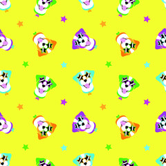 Smiling blue, orange, pink and green jack russell dog wearing glasses on a yellow background with stars. Seamless pattern. Vector illustration