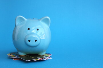 Blue piggy bank pig stands on plastic cards on blue background